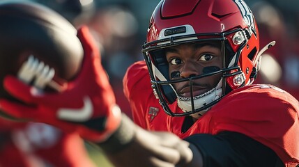 Close-up of a focused American football player in a red jersey and helmet, intensely gripping the ball during a practice session.