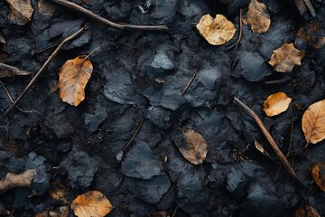 Burnt Ground and Charred Charcoal. Autumn Leaves Form Dark Earth Tones in this Photographic Nature Scene