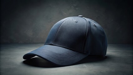 Navy blue baseball cap mockup on a dark background with subtle texture