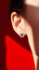 Close-up of an ear with diamond earrings against a red background.