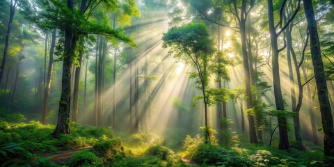 Fototapeta premium Dense foliage and towering trees covered in mist, with sunlight filtering through the gaps, woods, trees, woods