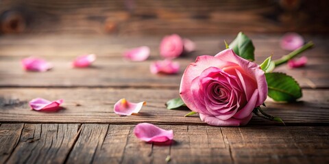 A delicate pink rose petal falls from a stem onto a wooden floor with cracks , bloom, pink roses on the floor