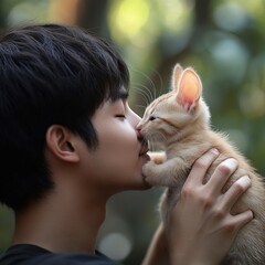 A young boy gently cradling and nuzzling a small playful kitten in a serene outdoor setting showcasing the loving bond between a child and their pet companion