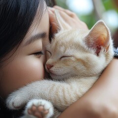 A young child tenderly embracing a content soft and playful feline companion showcasing the affectionate connection and warmth between the two