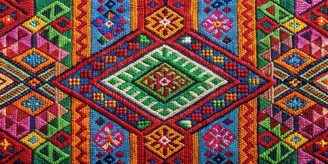 A colorful woven fabric with intricate patterns and symbols, culture, harmony,  culture, harmony, fabric, music