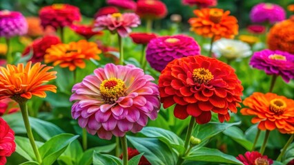 Vibrant zinnia flowers in a lush garden bed, showcasing their bright petals and delicate stems amidst lush green foliage , flower garden, summer flowers