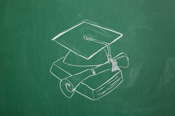 Drawn graduation hat with diploma and book on green chalkboard
