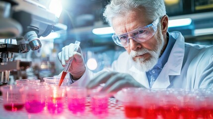 A senior biochemist carefully examining samples in petri dishes and test tubes in a well equipped scientific research laboratory