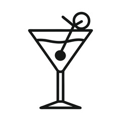 Line art cocktail glass with olive icon isolated on white background