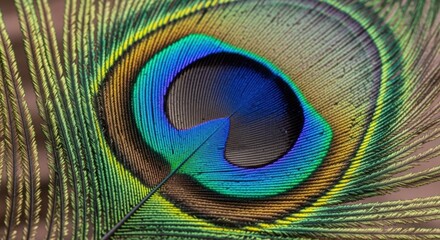 A detailed close-up shot captures the iridescent beauty of a peacock feather, revealing its intricate patterns and a vibrant "eye" of blue, green, and gold.