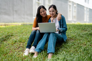 Two happy female students enjoying online study using laptop computer sitting together on lawn in university campus
