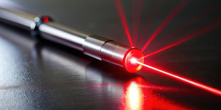 A close-up shot of a laser pointer emitting a bright red beam with intense focus and direction, illuminating a small area in sharp detail , intensity, laser