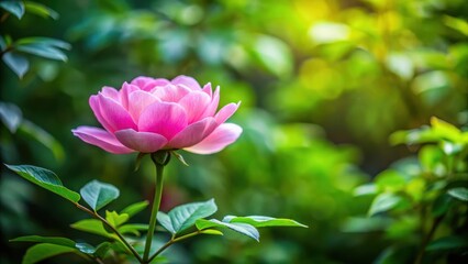 Delicate pink petals unfolding from a small green stem amidst lush foliage, floral, nature,  floral, nature