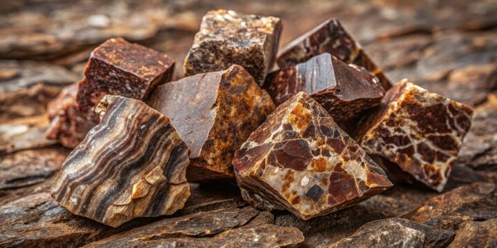 Dark brown schistous rocks with mica flakes and quartzite inclusions on granite bedrock, earthy tones, natural stone