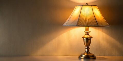 Soft, warm glow emanates from a brass lamp with an elegant beige fabric lampshade atop it, casting a cozy ambiance in any room setting , interior design, soft light