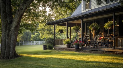 Obraz premium Sunny morning view of a charming farmhouse with a spacious porch, rocking chairs, and lush green lawn.