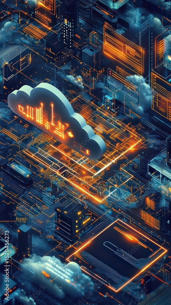 Poster cloud computing visualization: isometric cityscape with data flow and digital integration