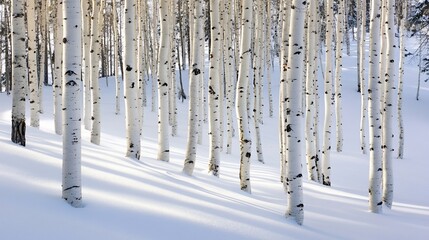 Sunlit aspen trees in snowy forest.