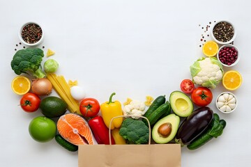 fruits and vegetables in a basket, Supermarket. Paper bag full of healthy food.