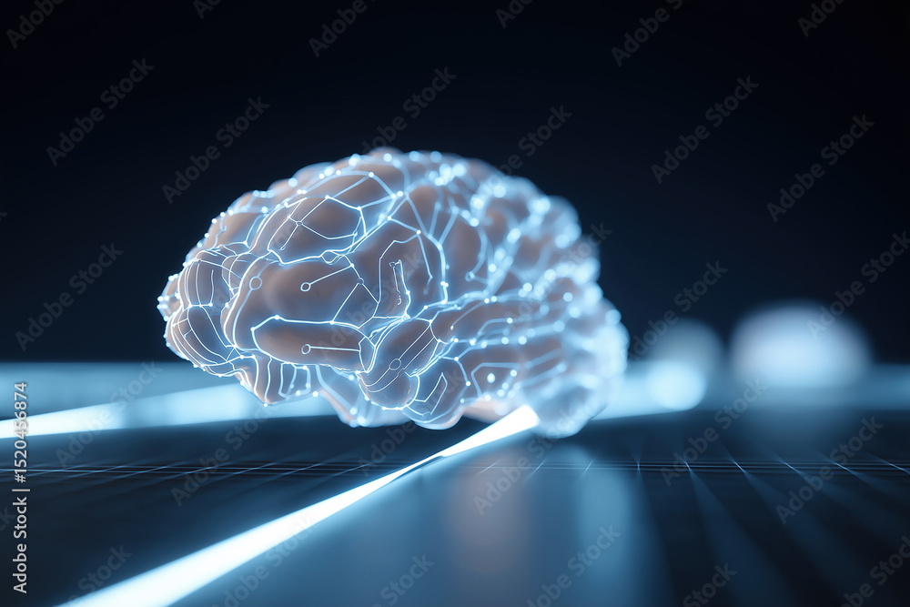 Poster illuminated brain visualization displays intricate neural network connections and pathways.