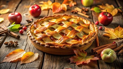 Warmly glowing apple pie on a rustic wooden table with a few fallen autumn leaves in the background