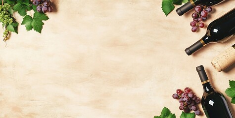 Flat lay of wine bottles, grapes, and leaves on beige background.