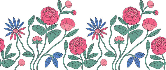 Floral vector border design with pink peonies and blue daisies on white background. © M Rana