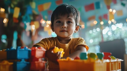 A smiling young child eagerly engaged in play surrounded by colorful toys and their curiosity and love of learning through interactive