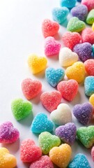 Colorful sugar heart candies scattered on a white background