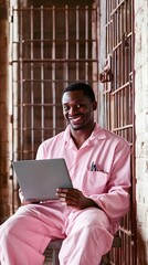 Person using a laptop inside a jail cell.
