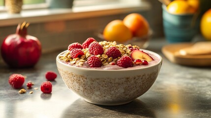 Delicious raspberry and granola parfait in a bowl with fruit.