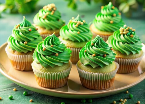 Colorful cupcakes with green frosting and shamrock sprinkles on a plate - Powered by Adobe