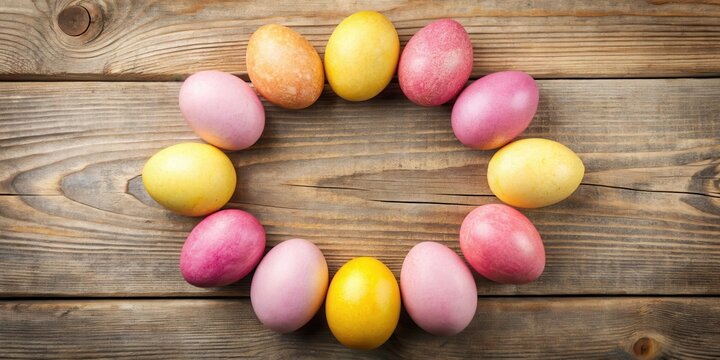 Pastel pink and yellow beetroot colored Easter eggs arranged in a circular pattern on a rustic wooden table