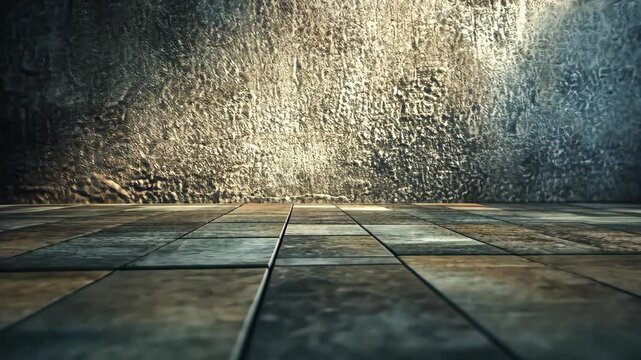 Cracked wall and tiled floor surface illuminated by a spotlight from above