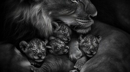 Close-up black and white photo of a lioness cuddling her cubs.