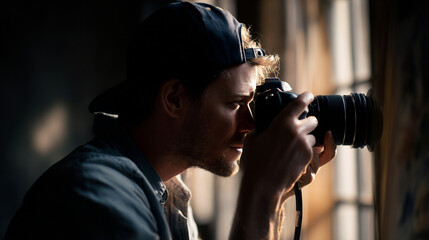 Creative Urban Portrait: Young Male Photographer Capturing a Candid Moody Shot with Natural Lighting and Shadows