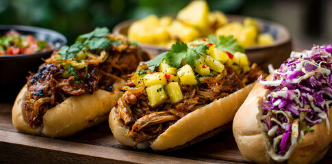 Gourmet Hot Dogs with Various Toppings on Wooden Surface Close Up Shot