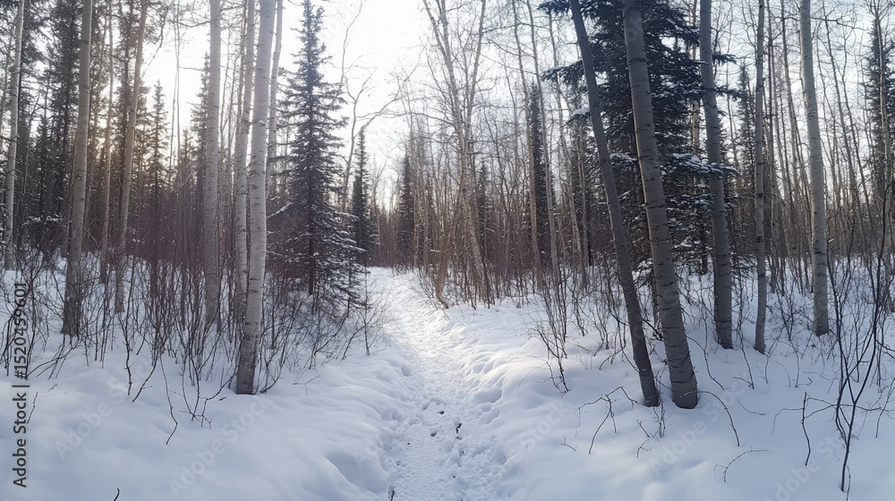 Poster sunlit path through snowy winter forest with tall trees and footprints in snow.