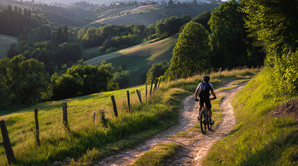 Mountain Biking Adventure on Scenic Trail at Sunset &ndash; Immerse in Nature's Vibrant Colors