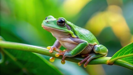 Obraz premium A tiny green treefrog perches on a small branch with its front legs folded under its body in a natural pose