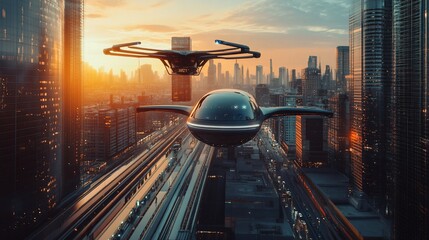 Futuristic drone delivery vehicles flying over a city at sunset.