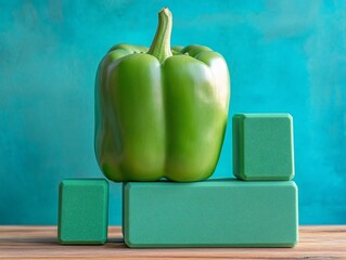 Green bell pepper balanced on green blocks against a teal background.