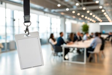 Blank white ID badge with lanyard on blurred office background. Identification card template for employees, access control, corporate events, meetings, seminars, and security credentials.