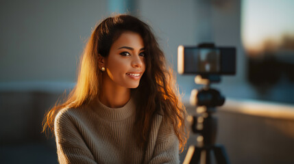 Beautiful Hispanic young female influencer or vlogger, filming content outdoors, gen z 