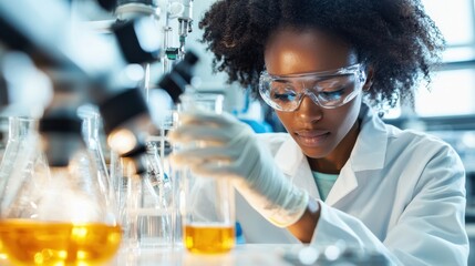 A female laboratory technician in a white coat is carefully handling a glass beaker and flask focused on an experiment or analysis in a scientific laboratory setting
