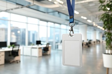 Blank white ID badge with lanyard on blurred office background. Identification card template for employees, access control, corporate events, meetings, seminars, and security credentials.