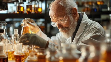 An elderly scientist with a beard and glasses wearing a lab coat focused on carefully handling laboratory equipment and conducting an experiment or analysis in a well equipped research facility