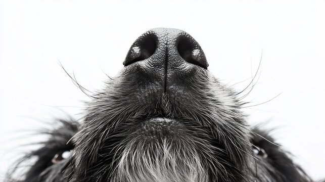 Close-up of a dog's nose and whiskers against a white background.