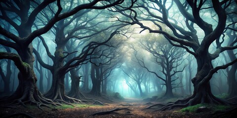 Dark forest with twisted tree branches and misty atmosphere, eerie, shadows,  eerie