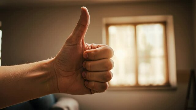 Hand giving thumbs up gesture, window background